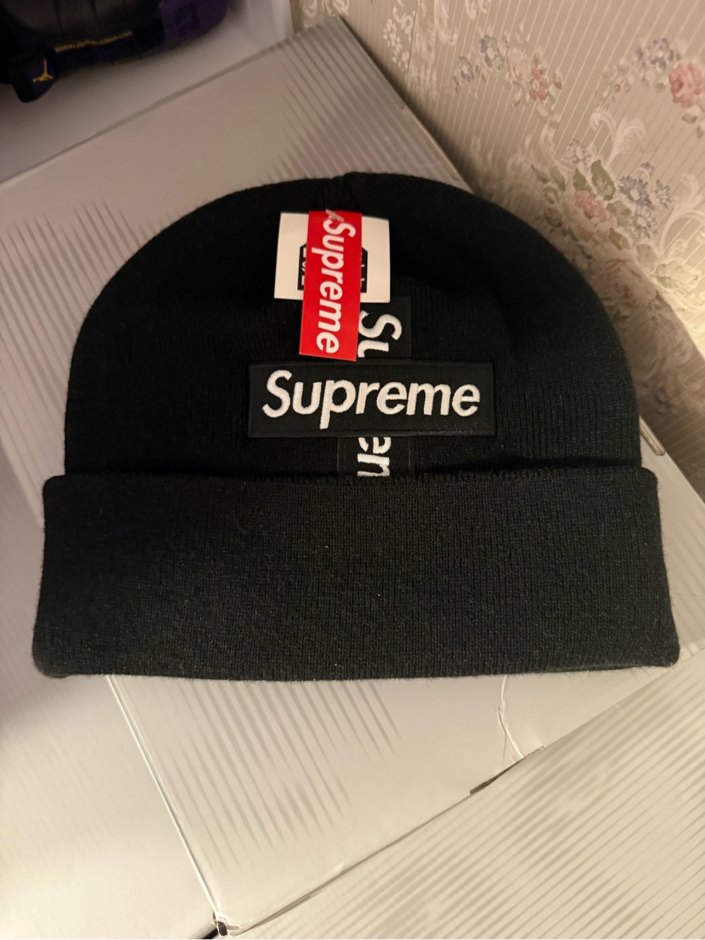 Supreme Black Beanie with White Logo Patch